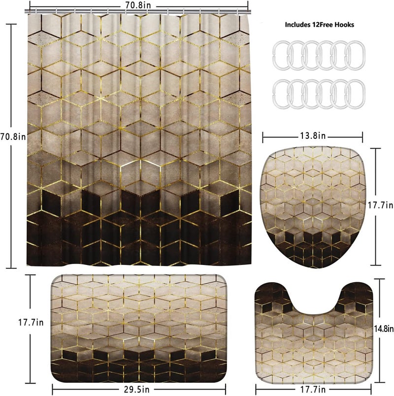 LQCOOL 4Pcs Brown Gradient Shower Curtain Set, Modern Geometric Shower Curtain Set Golden Cubic Lines Bathroom Set Texture Art Bath Accessories with Mats - Image 4